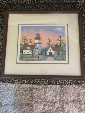 Framed Lighthouse Coastal Print with Pastel Sunset